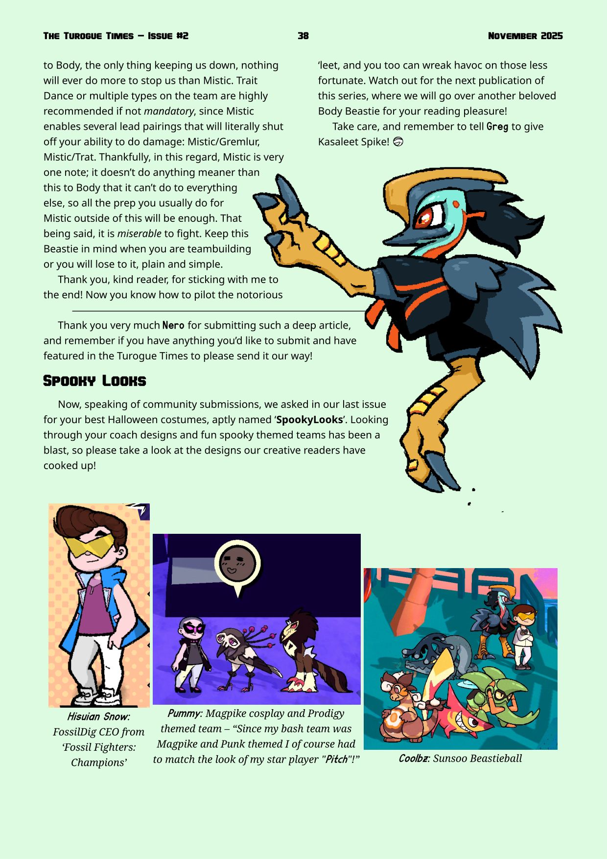 Page 38. Guest column on Body attackers by Mega-Nero ends, community 'Spooky Looks' Halloween coach costumes begin